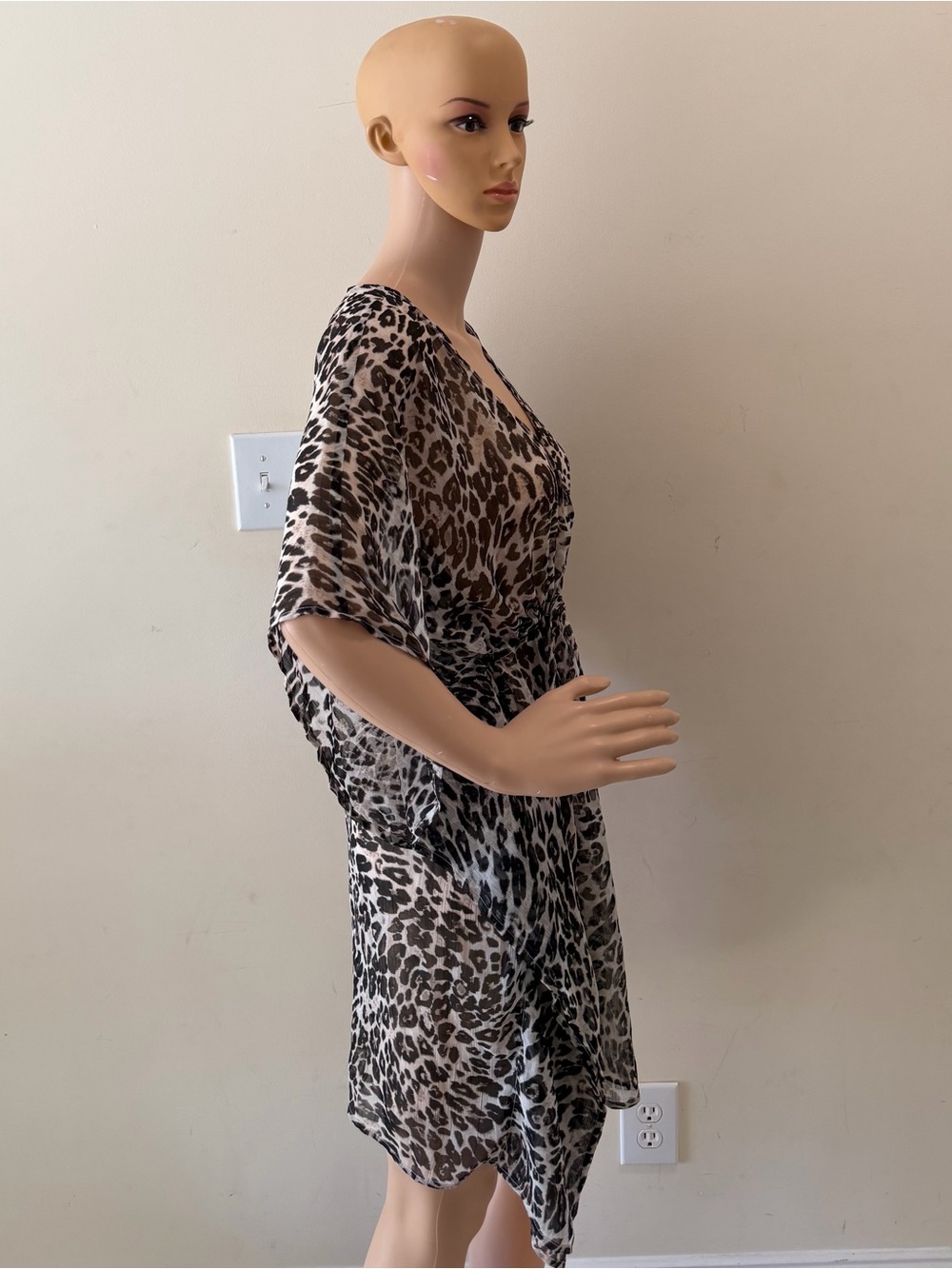 Grey Leopard Print Women’s Sheer Chiffon Beach Cover Up Mini Kaftan Dress Tunic - Picture 6 of 8